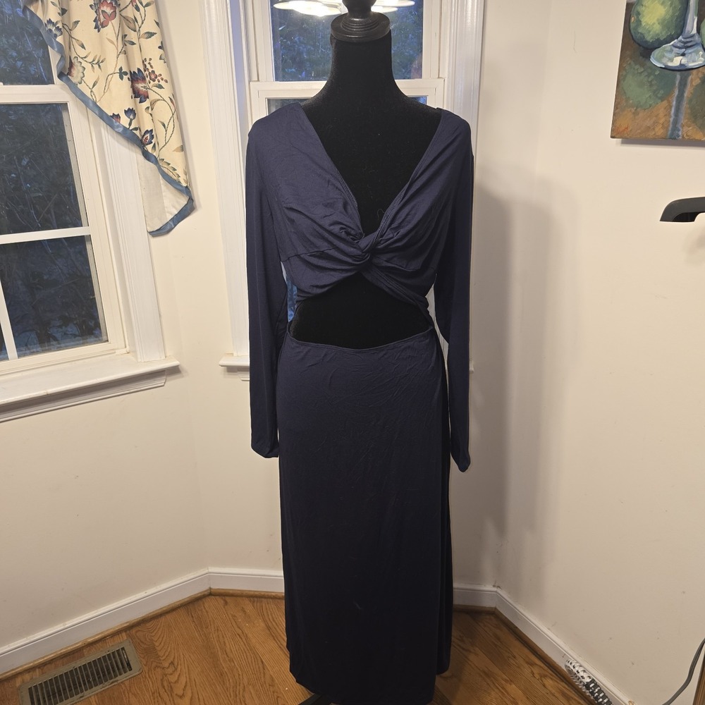 Old Navy 2X Navy Blue Maxi Dress Long Sleeve Twist Front Cutout Jersey